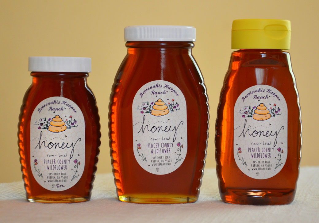 Three jars of Boorinakis Harper Ranch raw Placer County wildflower honey